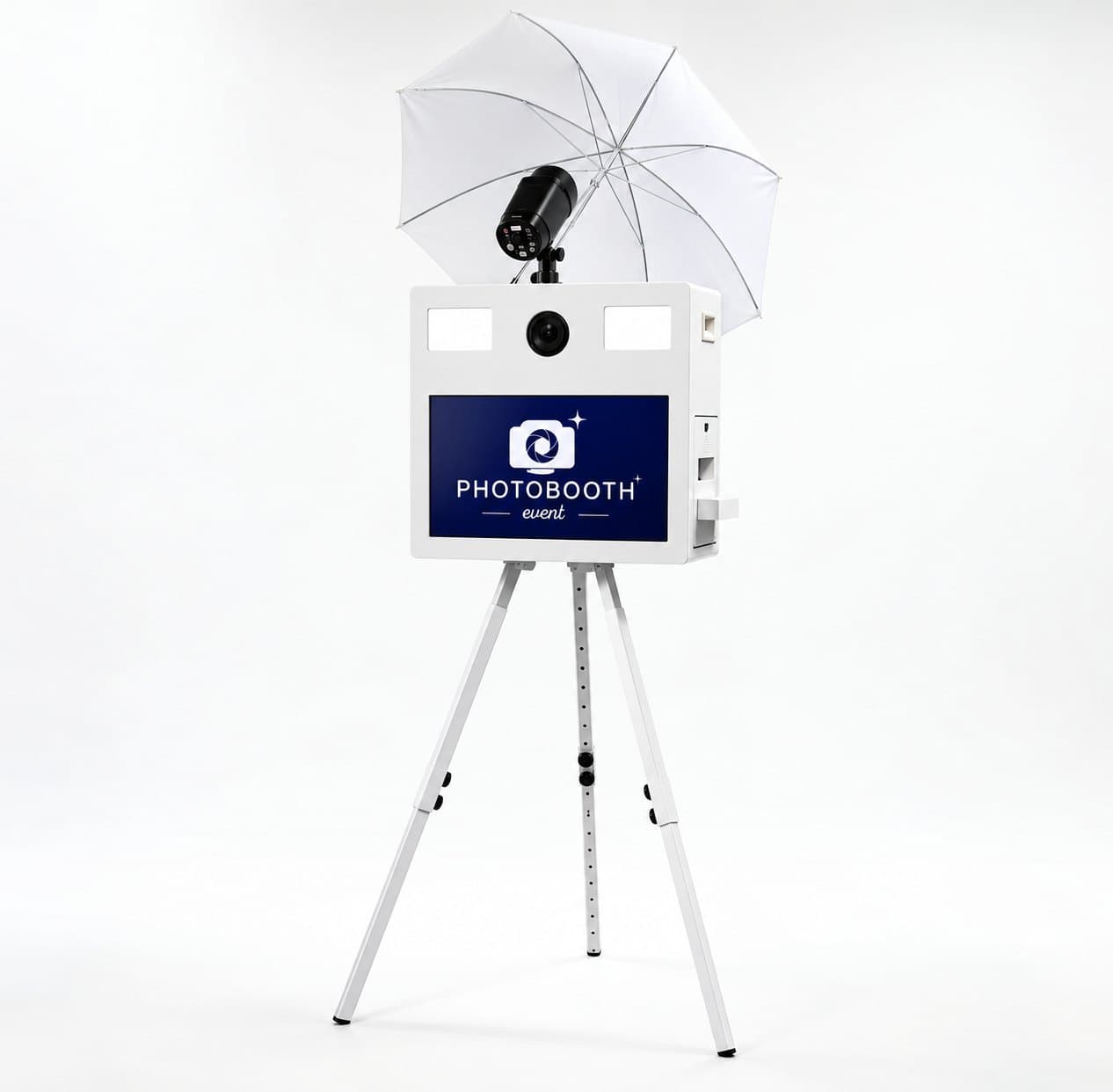Photobooth classique neuf en blanc, au logo Photobooth Event, sur trépied blanc, avec flash et parapluie (en option), sur fond blanc