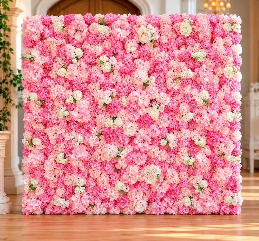 Mur de roses artificielles en dégradé de roses et de blancs, dans une salle de réception